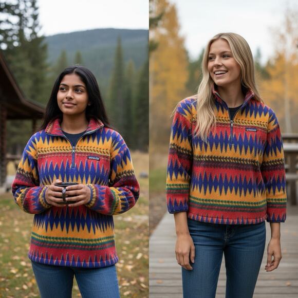 VTG Patagonia Minnehaha Laughing Waters Flame Snap Fleece Kid 12 Small Adult - Picture 16 of 16